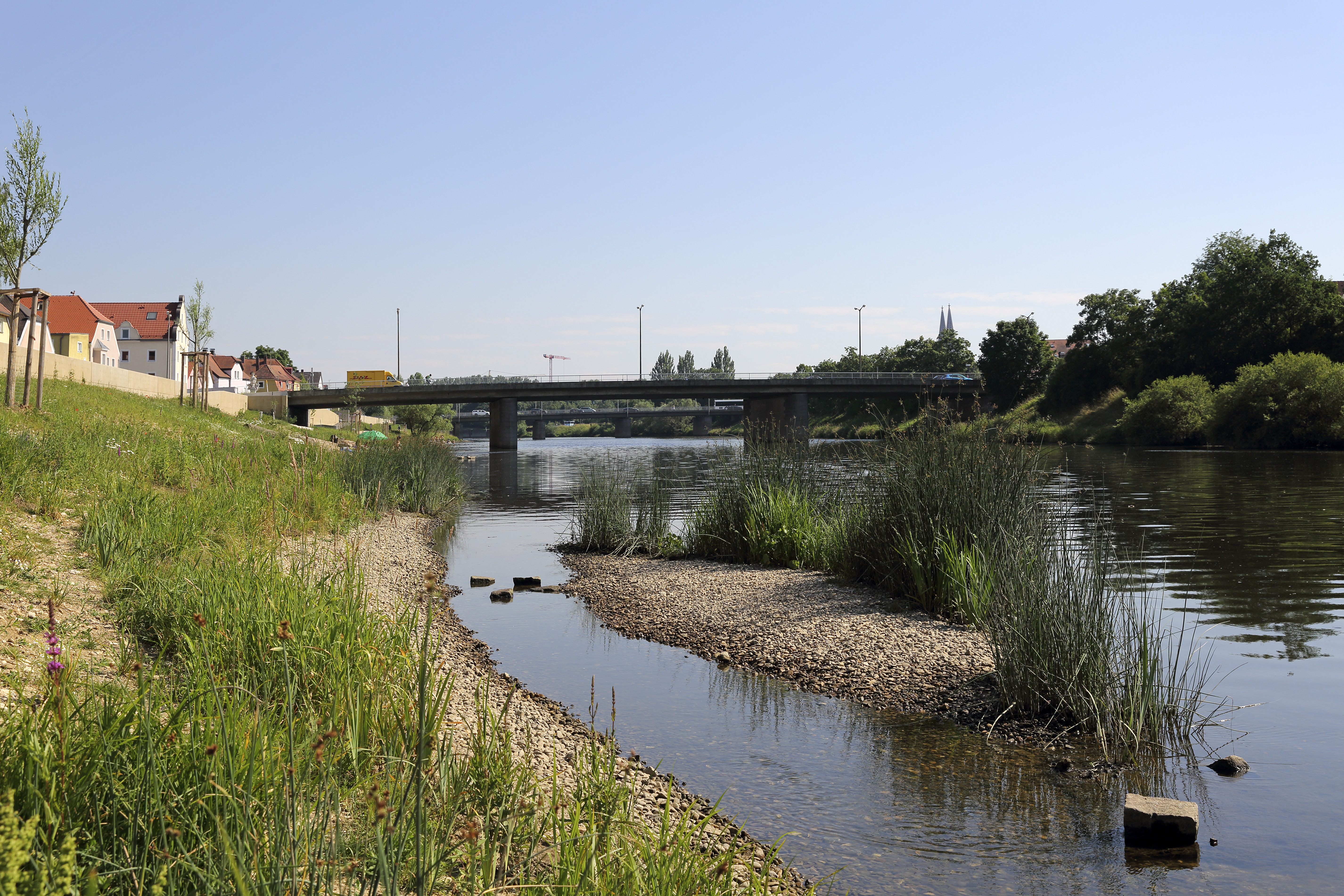 Durch die Mitte des Bildes verläuft der Fluss Regen, im Hintergrund queren zwei Brücken den Fluss. Links das neugestaltete Ufer mit Bepflanzung, Hochwasserschutzmauer und Bebauung. Nah am linken Regenufer ist eine kleine Kiesbank zu sehen. Rechts im Bild das Regenufer mit Bewuchs, im Hintergrund zeigen sich die Domspitzen .