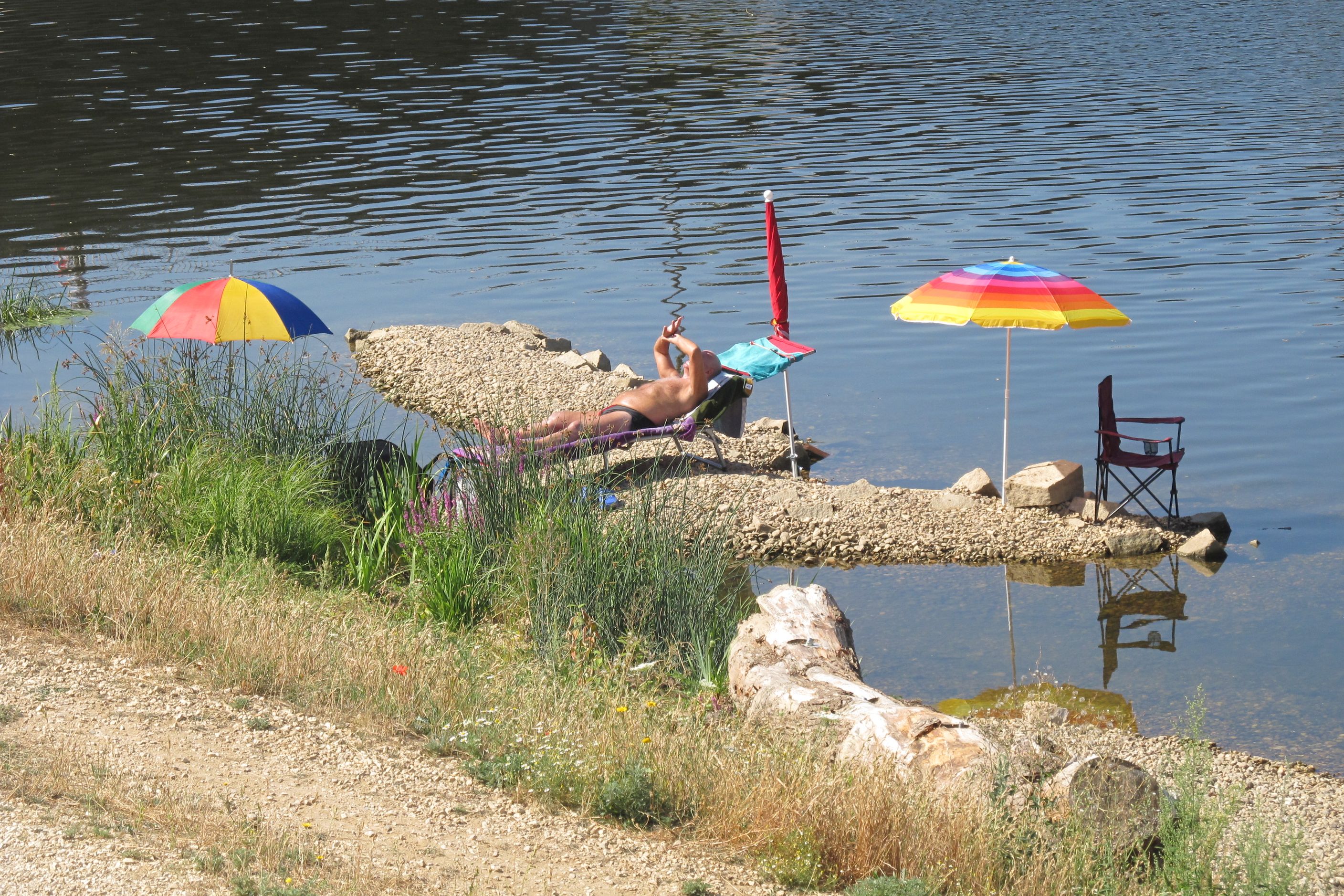 Im Vordergrund das Ufer des Flusses Regen mit Gräsern und einem liegenden Baumstamm. Im Fluss Regen, nah am Ufer, eine kleine Sandbank mit bunten Sonnenschirmen, einem Campingstuhl und einem Mann auf einer Gartenliege.