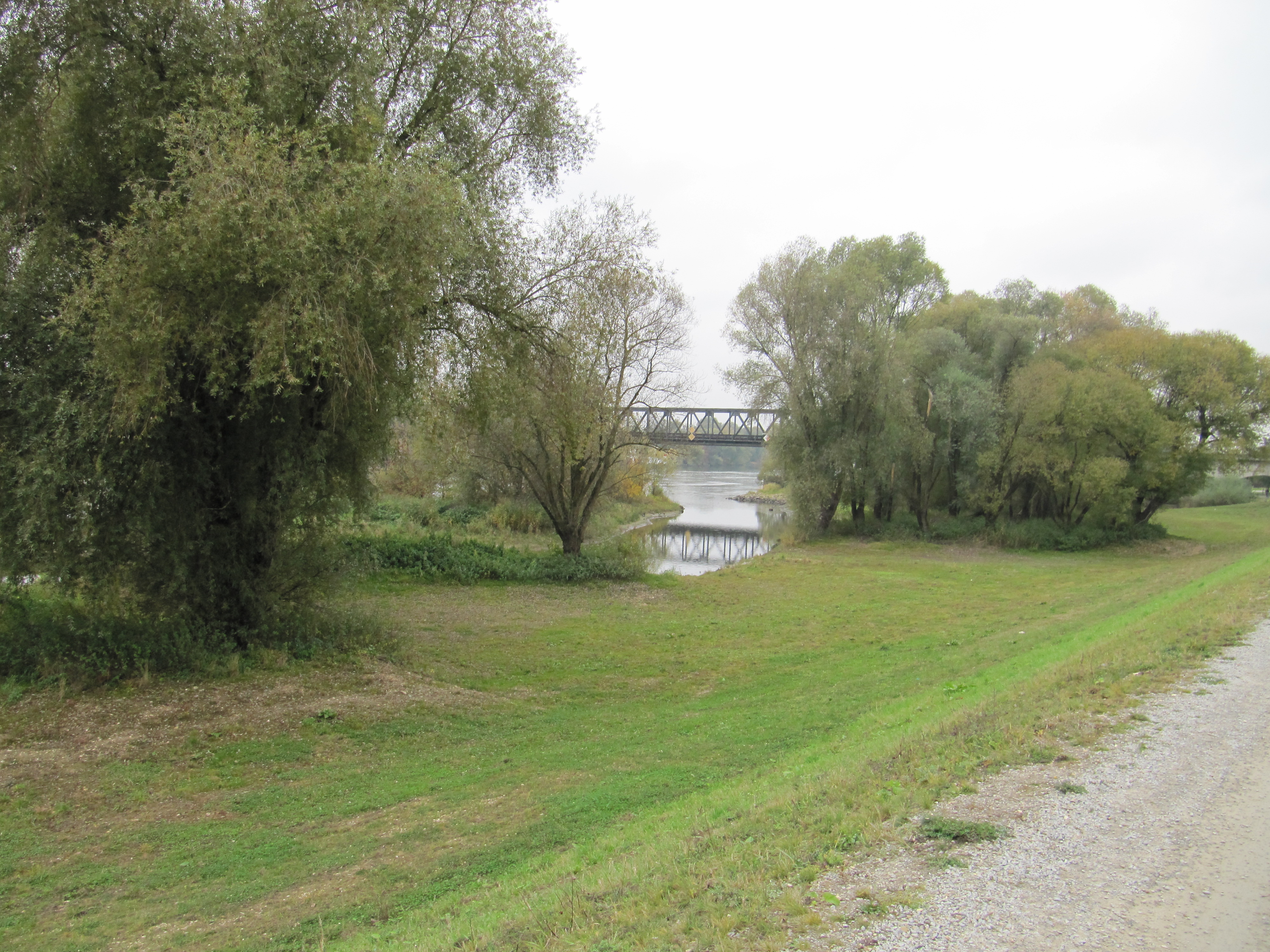 Donaunebenarm mit Bepflanzung auf beiden Seiten, im Hintergrund die Eisenbahnbrücke
