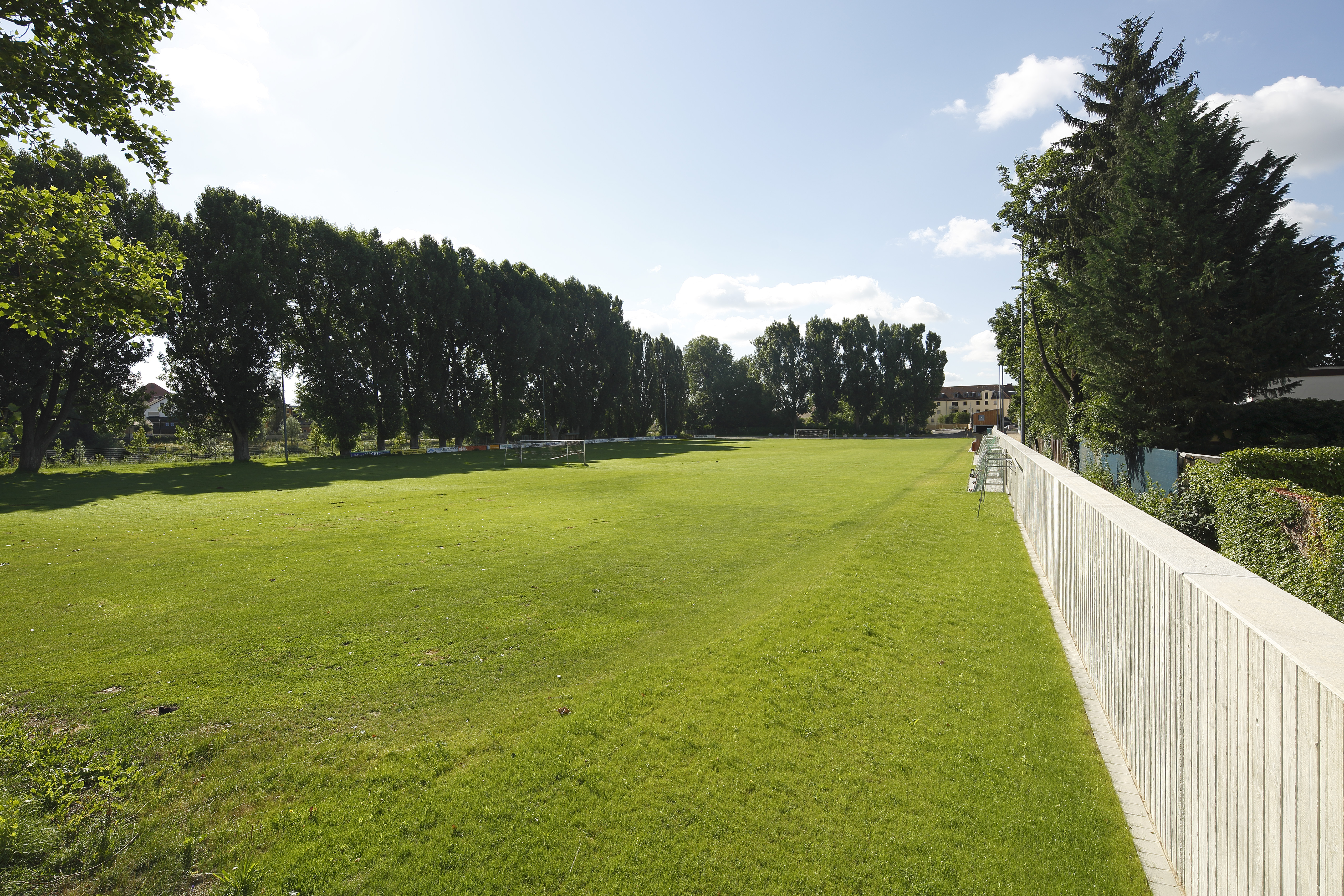 Sportplatz der SG Walhalla rechts davon die HWS Mauer, links zum Fluß Regen eine Reihe Pappeln und die Bandenwerbung