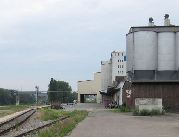 Bahngleise am linken Bildrand führen am Futtermittelmischwerk mit Hochsilos vorbei