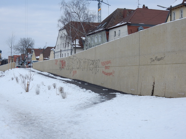 Im Mittelpunkt des Bildes steht die Hochwasserschutzmauer beschmiert mit Graffiti wie "Regensburg against Hochwasserschutz".