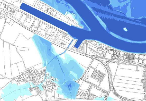 gezeichneter Plan von der Donau mit Seitenarm in blau und die Überschwemmungsflachen auch in blau