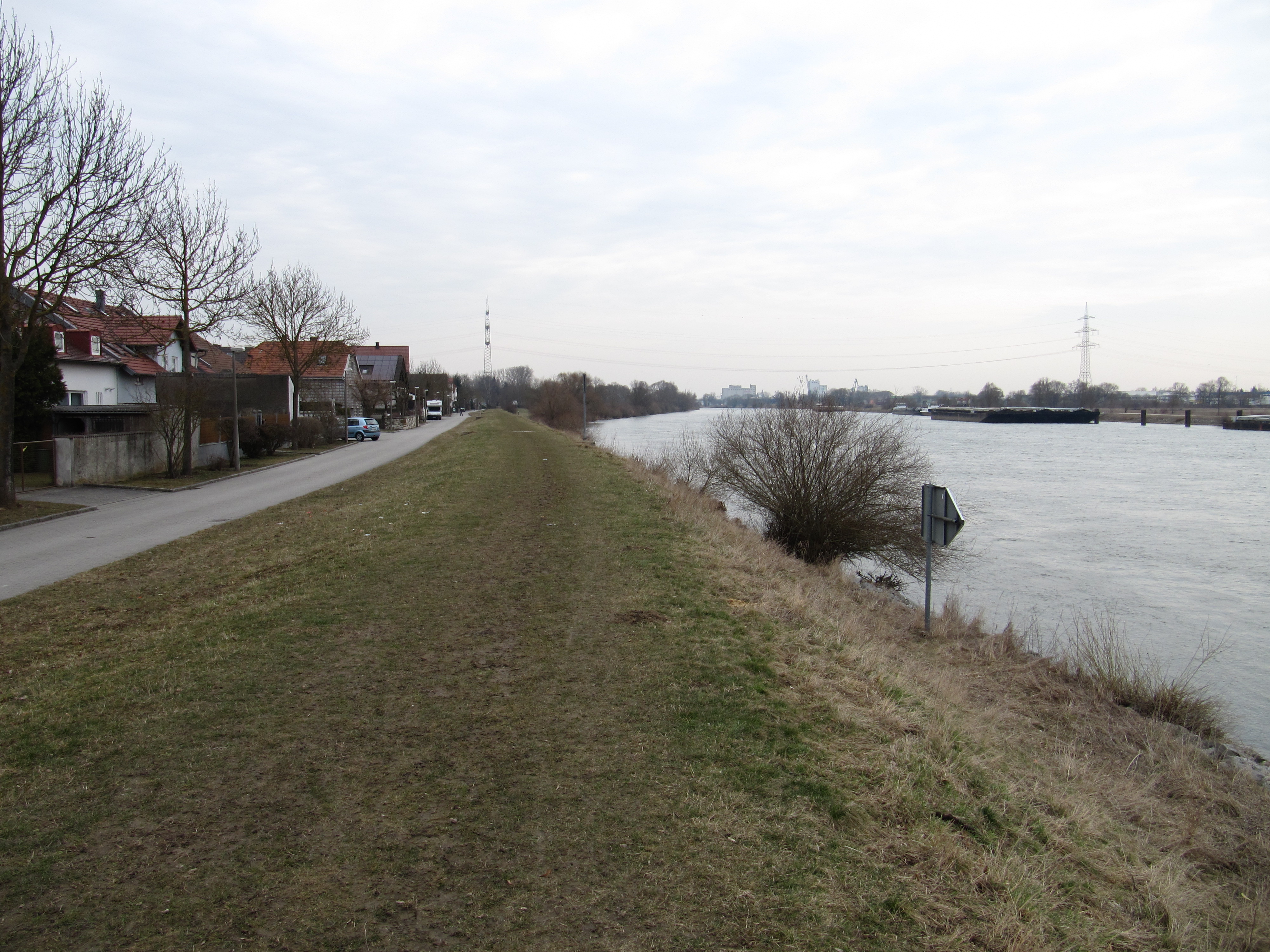 Schwabelweiser Damm Grüner Uferstreifen mit zur Donau hin abfallenden, bewachsener Damm.