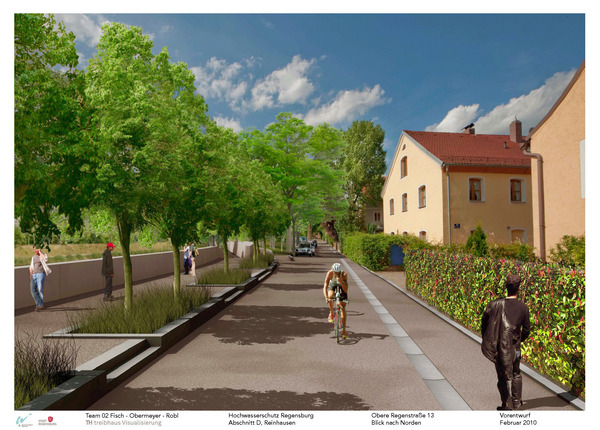 Das Bild zeigt eine Fotomontage der Hochwasserschutzplanung. Links die Hochwasserschutzmauer, in der Mitte die Straße mit einem Fahrradfahrer und rechts ein Haus mit Hecke.
