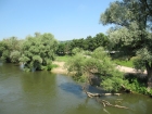 Links aufgeweiteter Donaunordarm mit Bewuchs und Neuanpflanzung am rechten Ufer, rechts Weg und Böschung